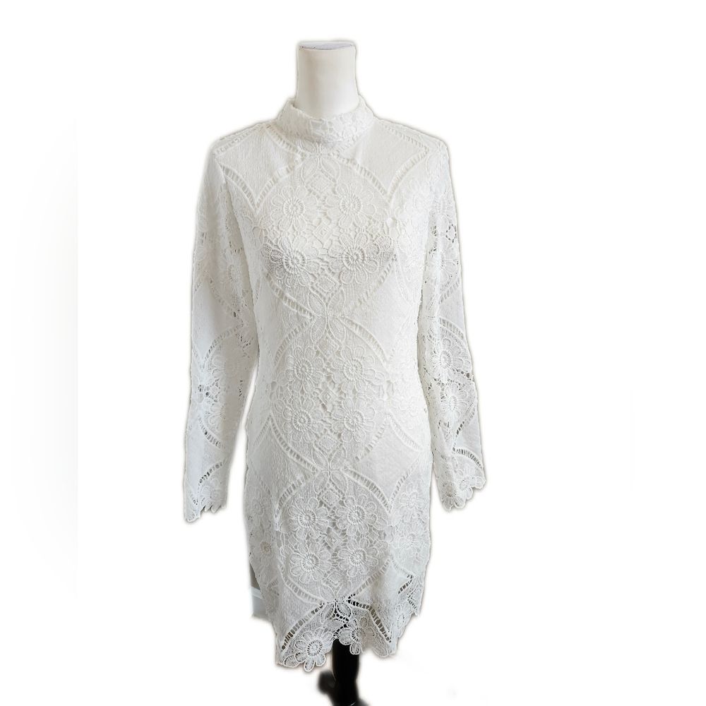 Eilly Bazar white sheath dress, lace overlay, mock turtleneck, long sleeves, M